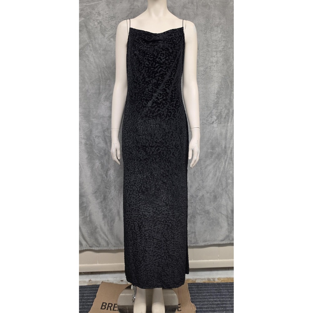Popular Basics Black Velvet Burnout Leopard Maxi Slip Dress Cowl Neck Large
